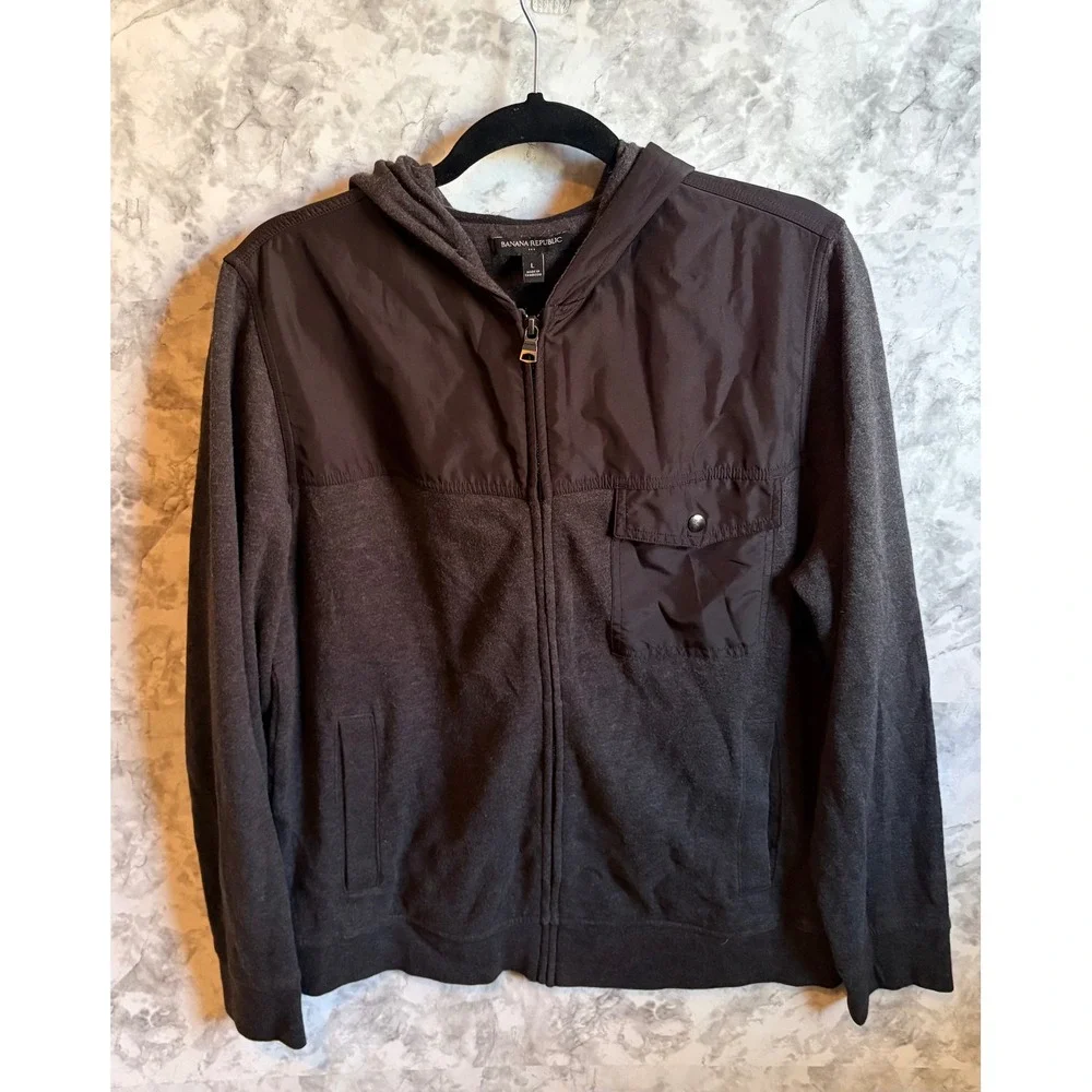 Banana Republic Mens Charcoal Gray Full Zip Hooded Jacket Fleece Nylon Blend L